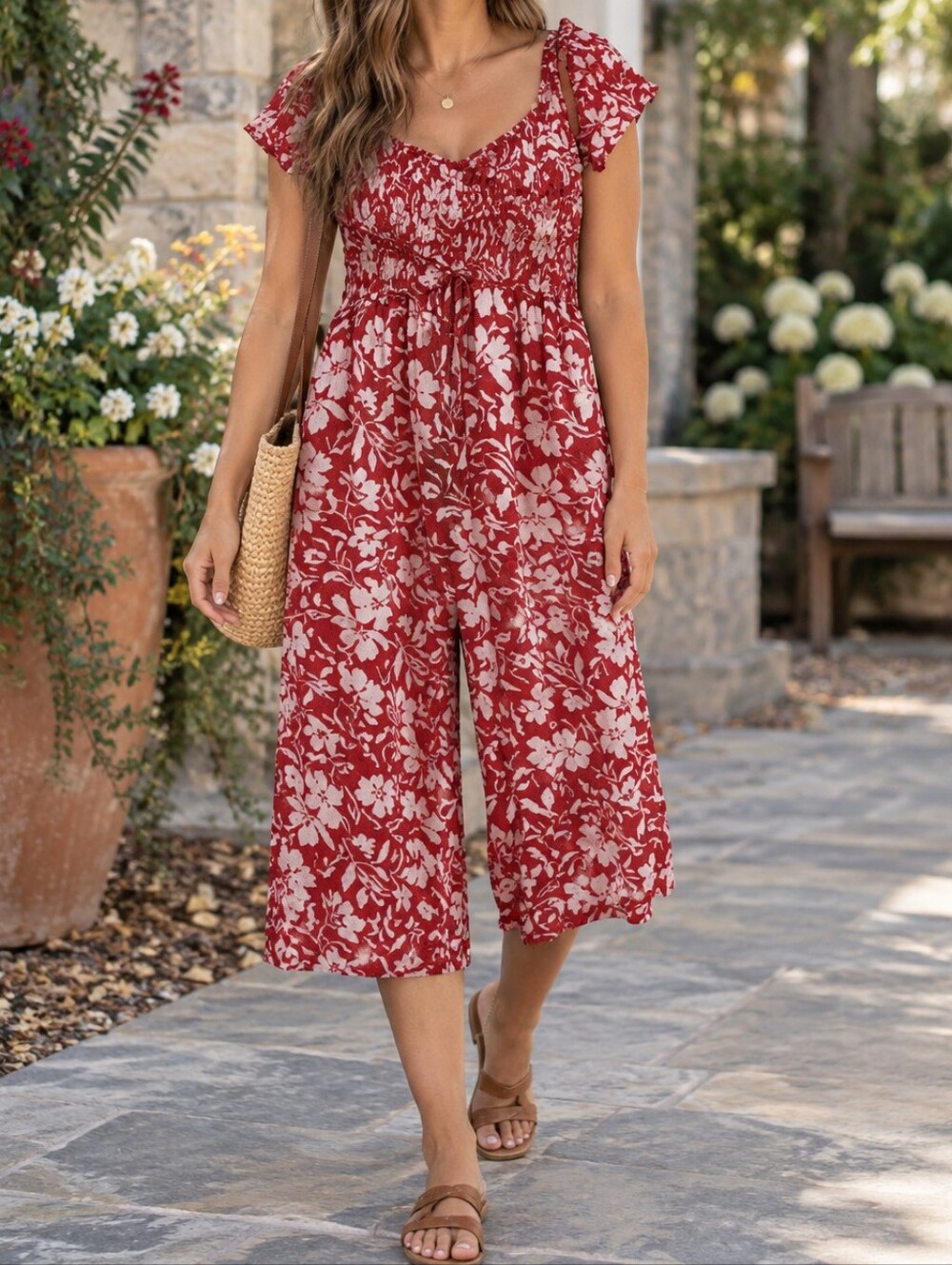 Patrons of Peace Red Floral Smocked Wide Leg Midi Jumpsuit Rayon Boho Romantic